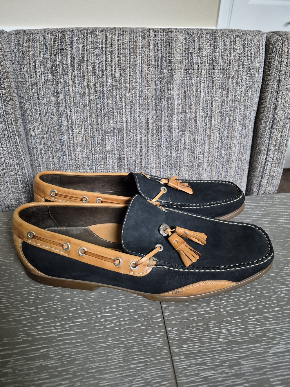 Cole Haan Black and Tan Tassel Leather Driving Loafers